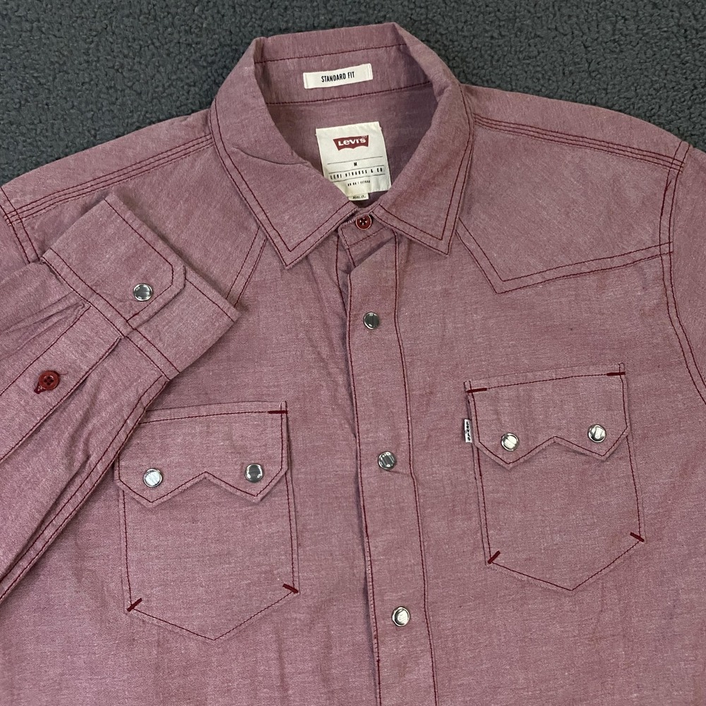 Levi's Shirt Mens Medium Red Chambray Western Pearl Snap Denim Cowboy